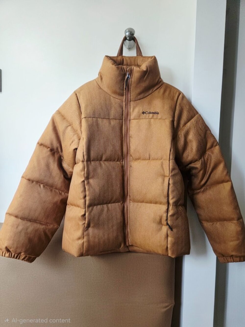 Women’s Columbia – Camel brown, Herringbone pattern,  puffer coat - MEDIUM